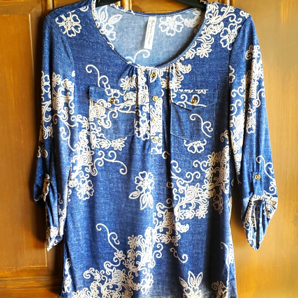 Faux Embroidered Print Blouse